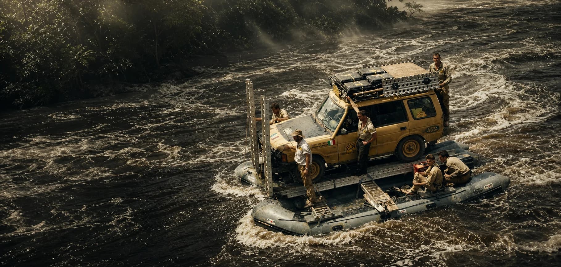 Camel Trophy Discovery 1 and expedition crew crossing a whitewater river on twin rafts
