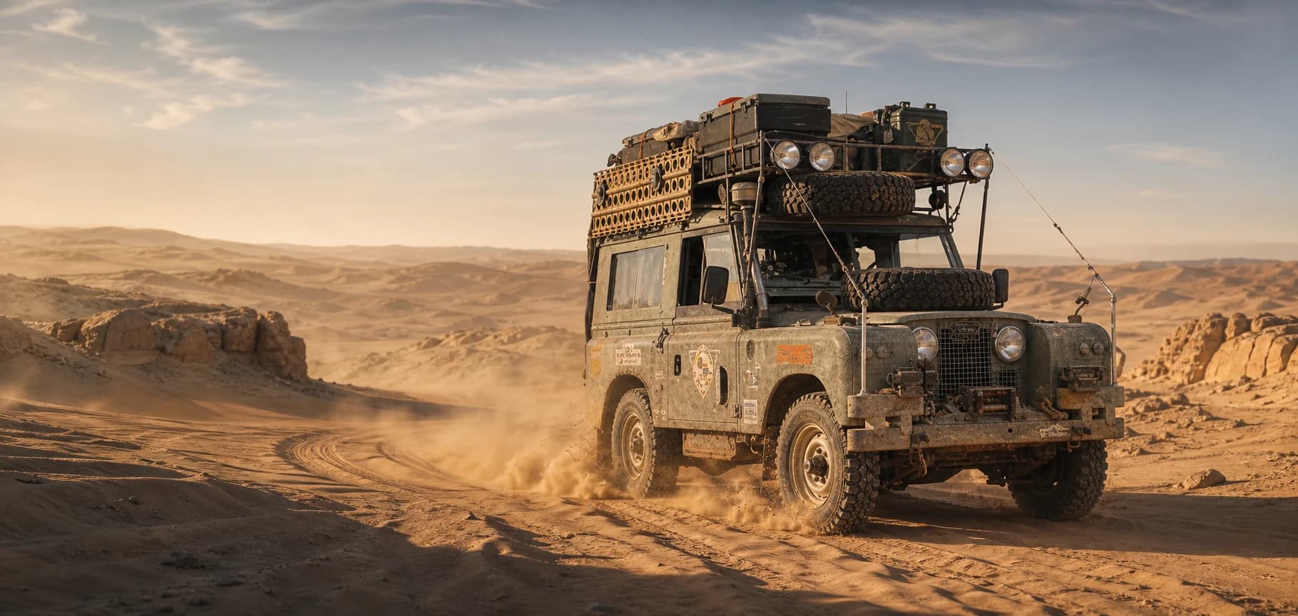 Long-wheelbase Land Rover Series III expedition wagon crossing Saharan dunes